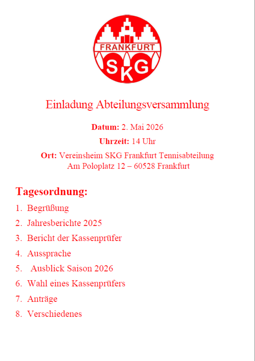 +++ +++ Schleifchenturnier, Abteilungsversammlung am 2. Mai 2026 +++