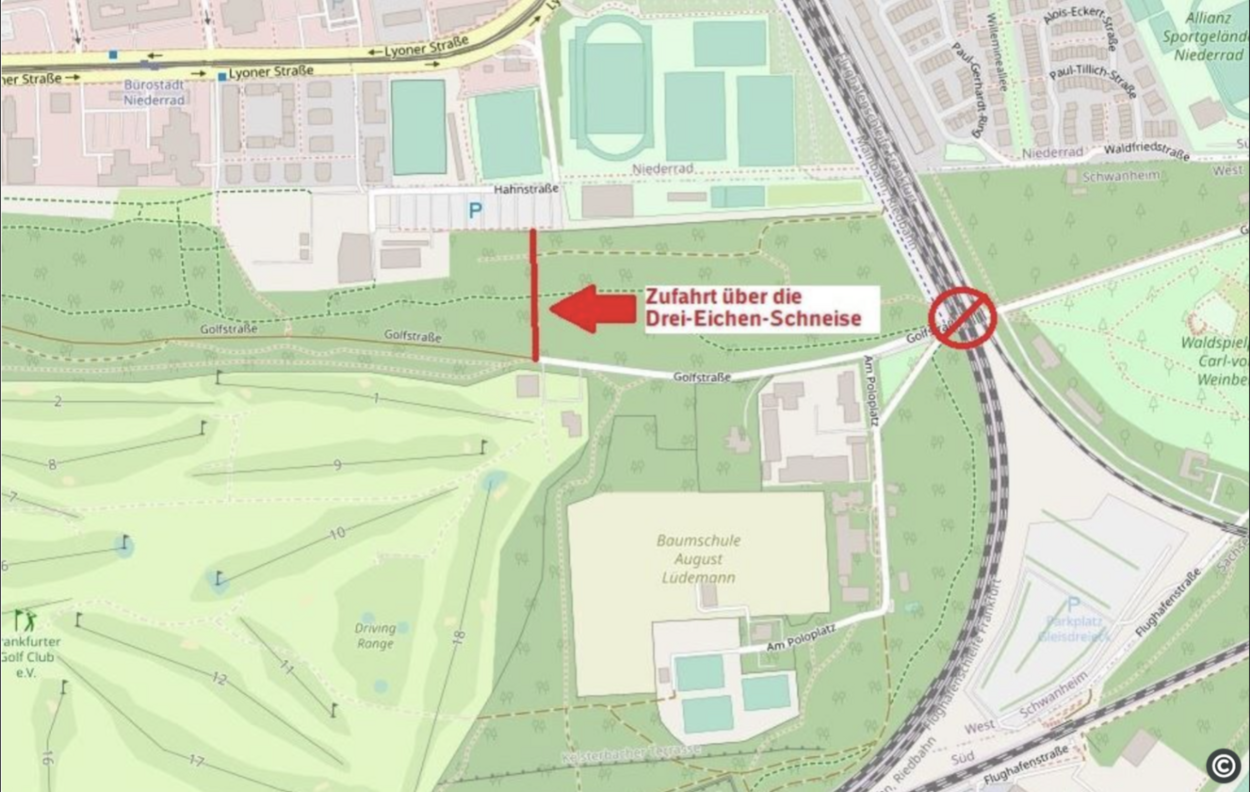 +++ Vollsperrung Golfstraße bis in den Sommer: Zufahrt zur SKG über Hahnstraße und Drei-Eichen-Schneise +++